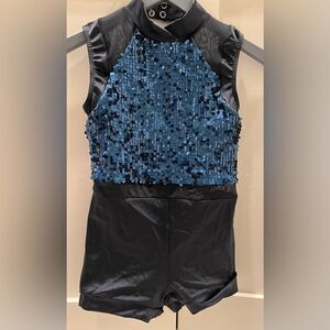 Girls Tank Leotard Black/Blue sequin Ballet Dance Gymnastics Bodysuit Sz S